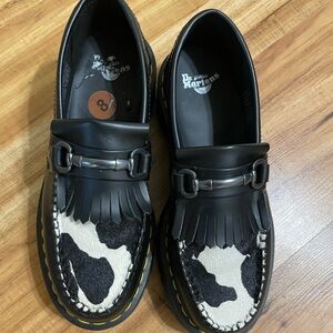 Dr. Martens Black and White Loafers snaffle cow print